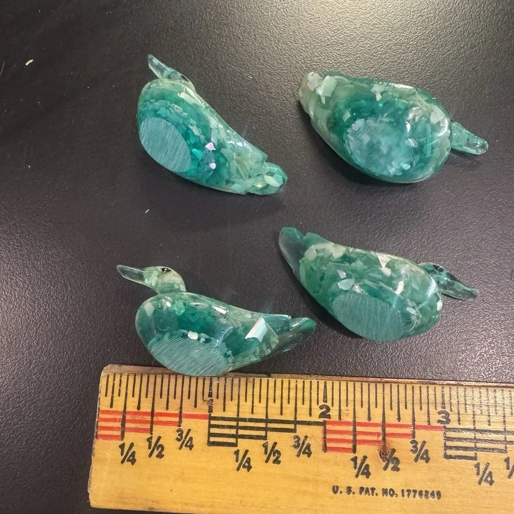 Handmade Resin Duck Figurines Green Mother‎ Of Pearl Confetti Set of 4 Miniature